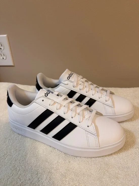 adidas Grand Court 2.0 White Sneakers with Black Three-Stripes - Picture 2 of 5